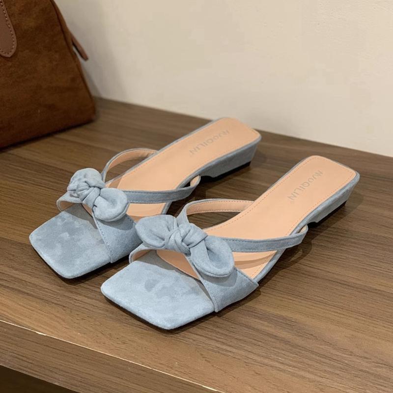 Fashion SUOJIALUN 2025 Summer New Women Slipper Fashion Bow-knot Slip On Slides Shoes Square Low Heel Outdoor Dress Sandal Shoes