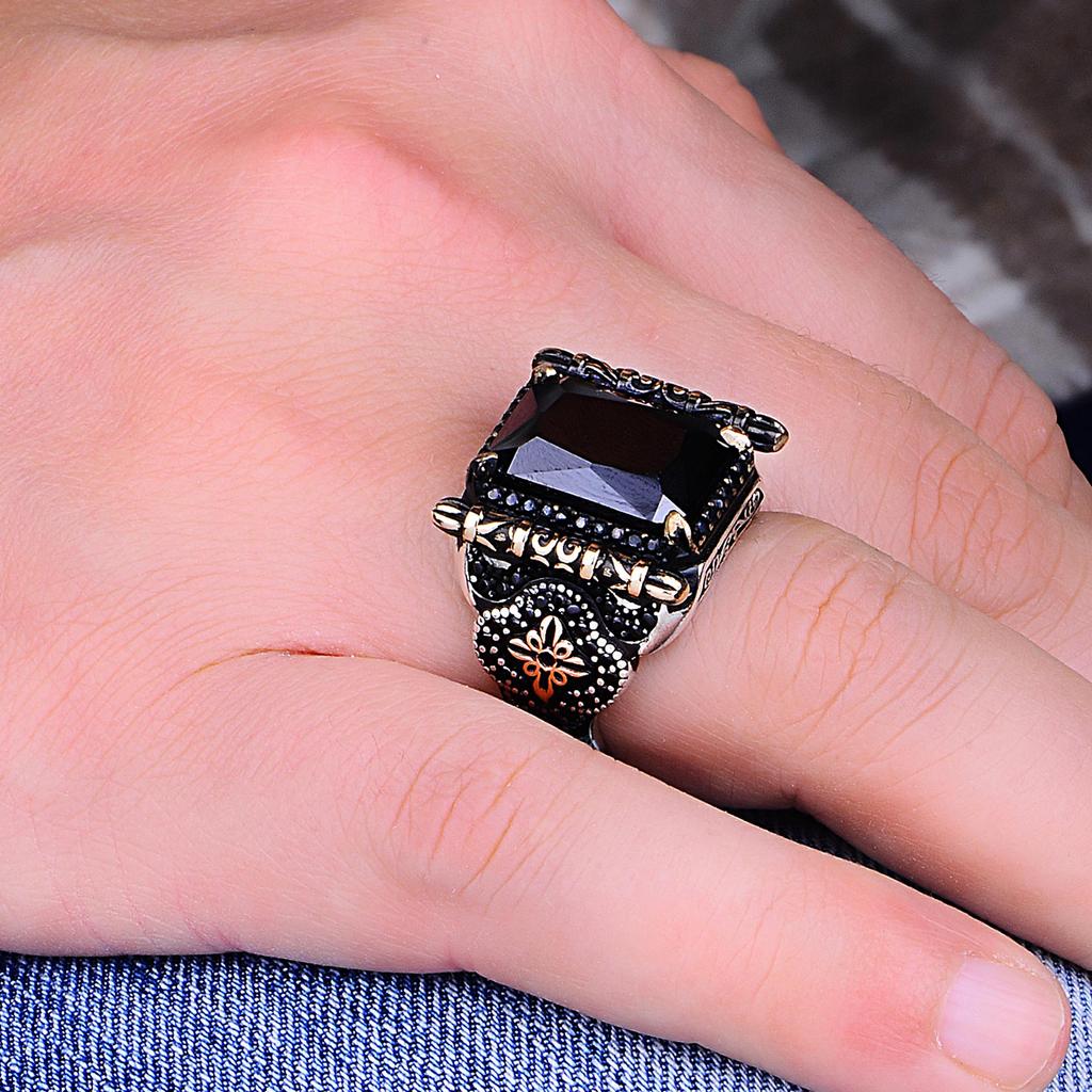Изысканное серебряное мужское кольцо с ониксом 925 карата - уникальный турецкий османский стиль ручной работы - идеальный подарок для него