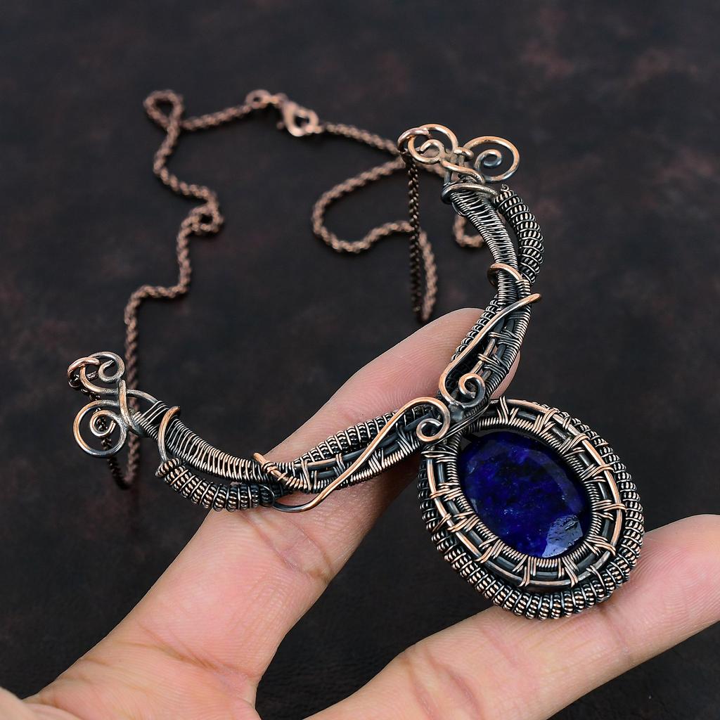 Ожерелье с граненым синим сапфиром Ожерелье из медной проволоки, обернутое драгоценным камнем Ожерелье ручной работы из медной проволоки Ювелирные изделия из медной проволоки Свадебные подарки Ожерелье с камнем по рождению