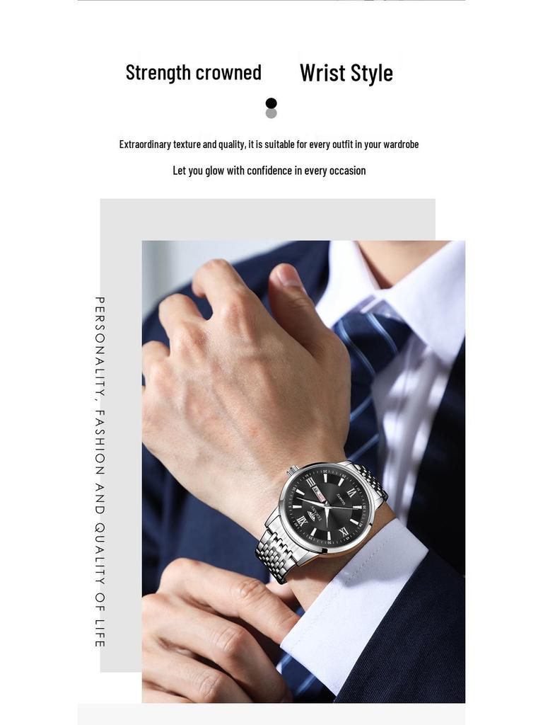 Butterfly Clasp Men's Ultra-Thin Luminous Stainless Steel Dual Calendar Waterproof Quartz Watch