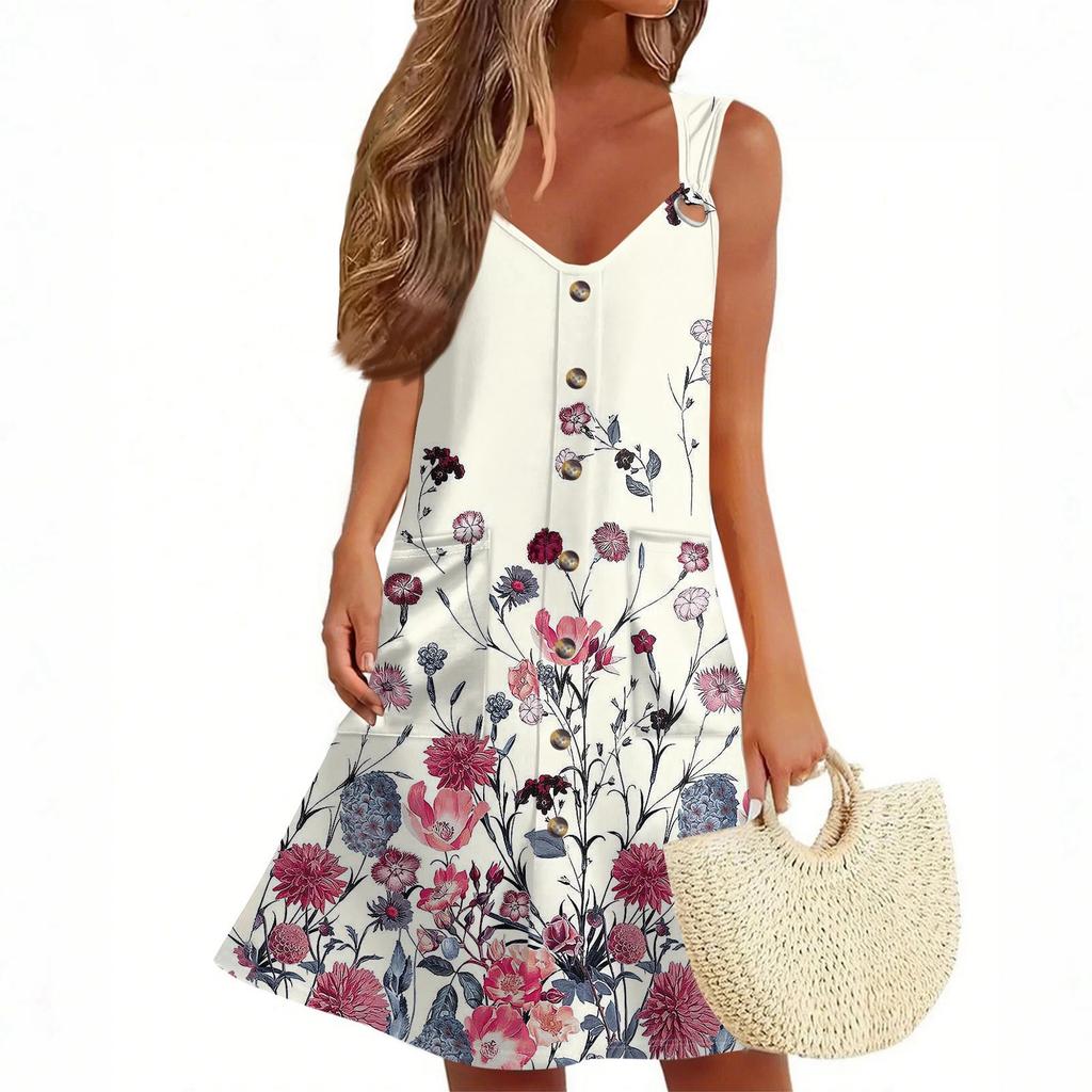 Женское летнее платье с карманом без рукавов сарафан с цветочным принтом