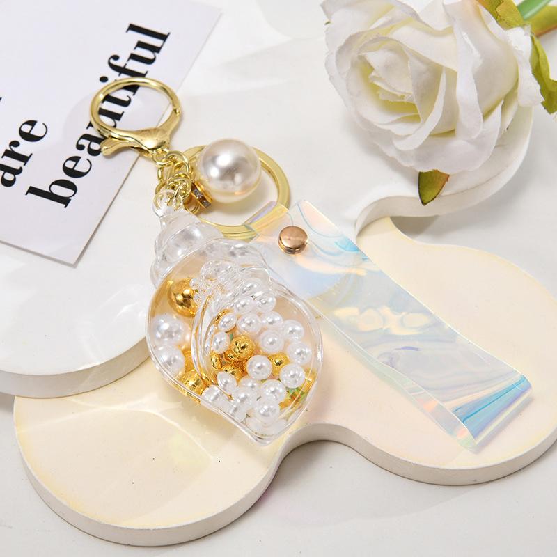 Брелок для ключей в виде бутылки с жидкостью в виде раковины, креативный, подвижный, с блестками, акриловый, женский, с подвеской на сумку, брелок для ключей, подарки