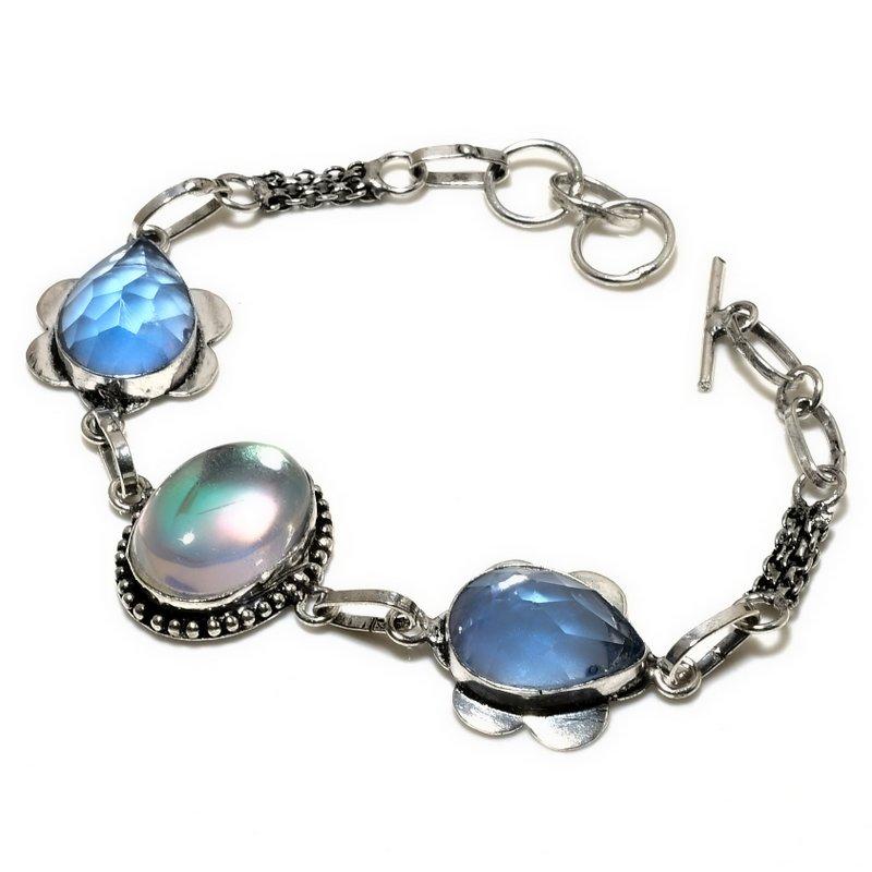 Mystic Rainbow Topaz Blue Topaz Gemstone 925 Silver Plated Bracelet 6-8"