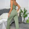 2 Pcs/Set Pants Top Suit Low-cut V Neck Sleeveless Solid Color Shirring Drawstring High Elastic Waist Lace Women Summer Pajamas Set Homewear