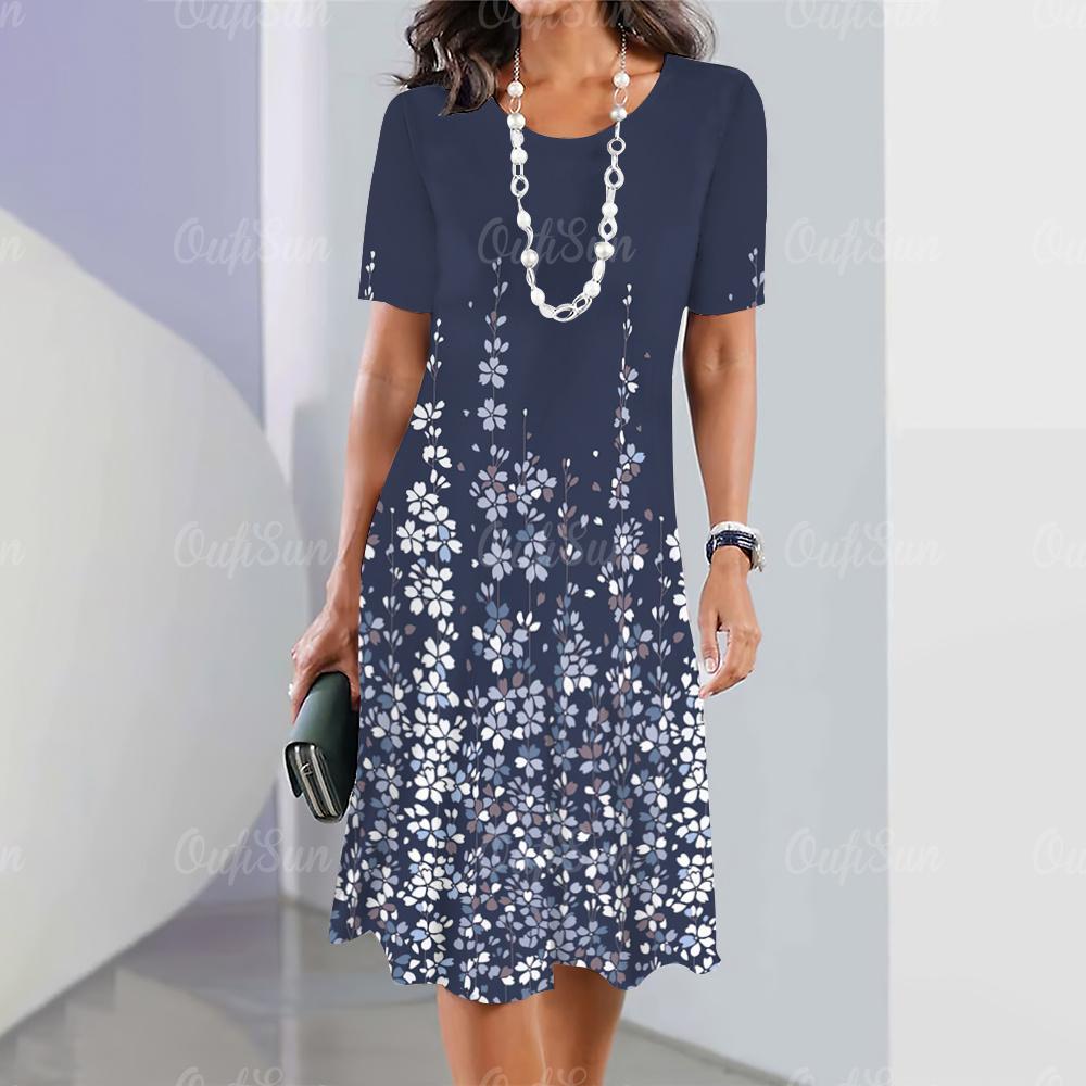 Элегантные женские платья, модные женские топы с короткими рукавами, повседневные женские свободные платья А-силуэта, пуловеры, простые цветы, одежда