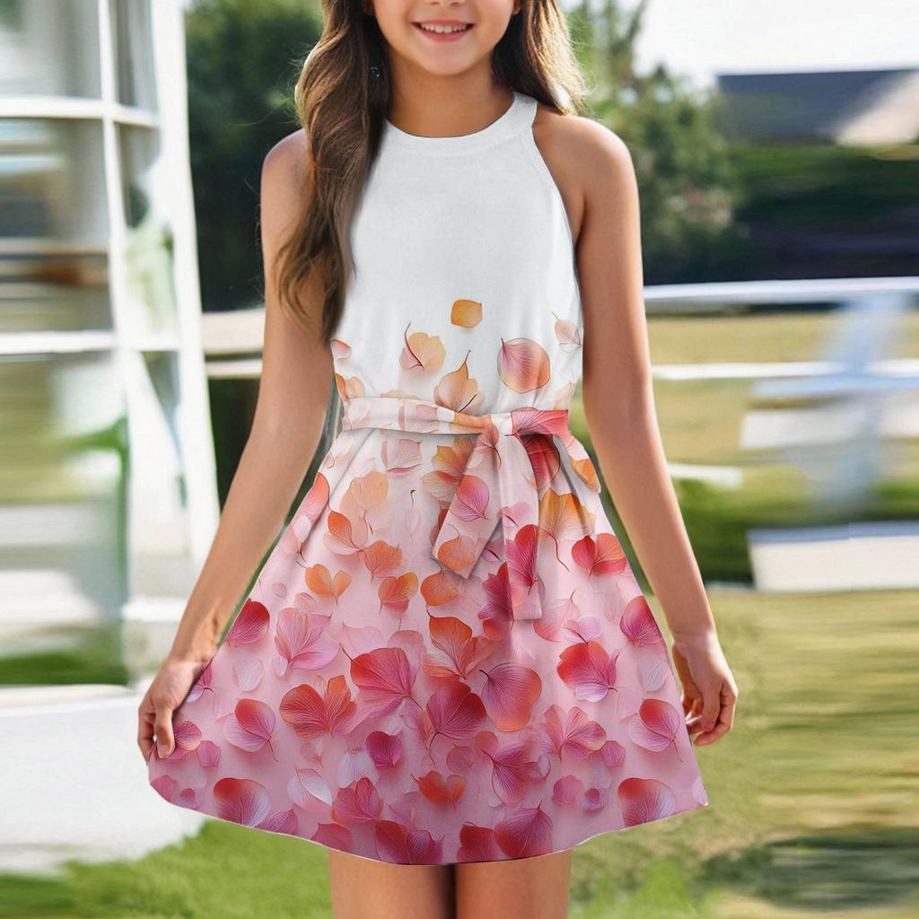 Летнее платье для девочек Платье без рукавов на бретельках Однотонное платье без рукавов с принтом Повседневное платье