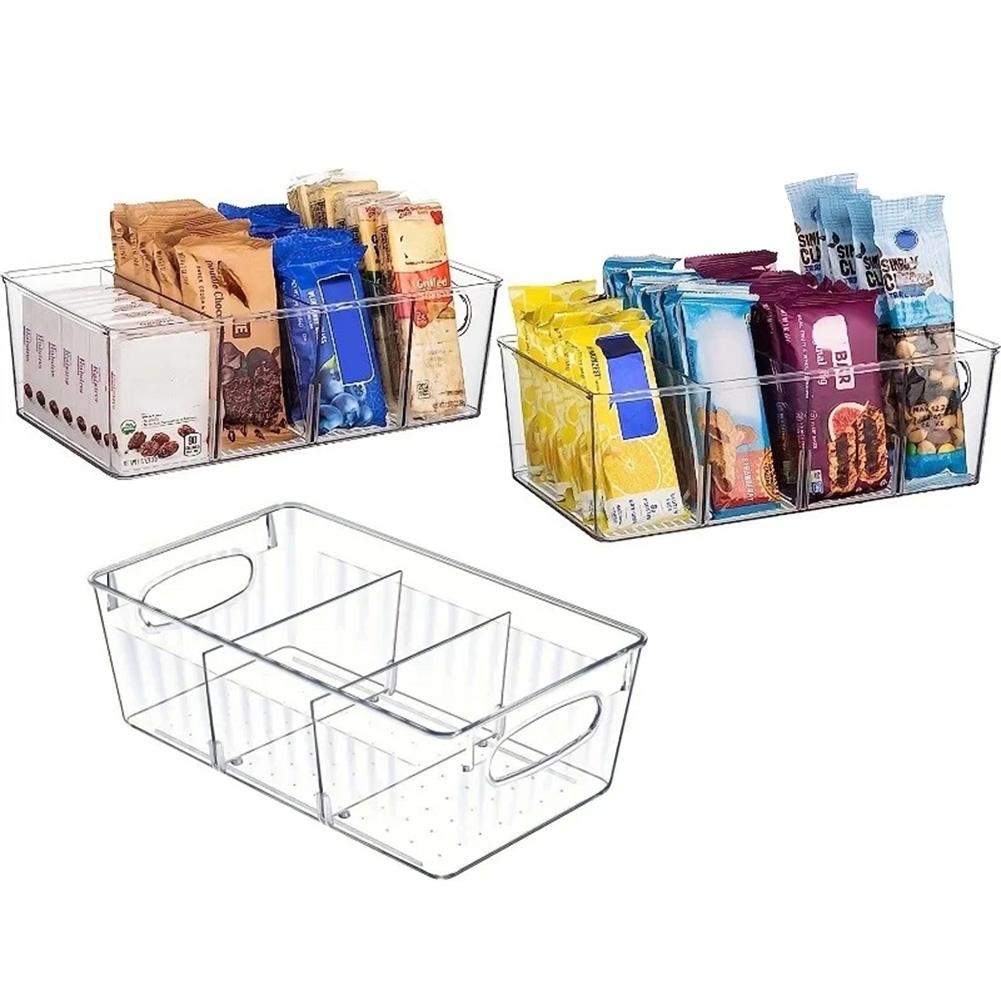 Refrigerator Organizer Bin 4 Grids Clear Food Storage Box Fridge Organizer Bins with Vegetable Fruit Pantry Organization Kitchen Accessories KTY