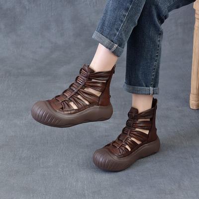 Дышащие летние короткие ботинки с открытыми носками, сандалии из натуральной кожи, женские туфли на плоской платформе в стиле ретро