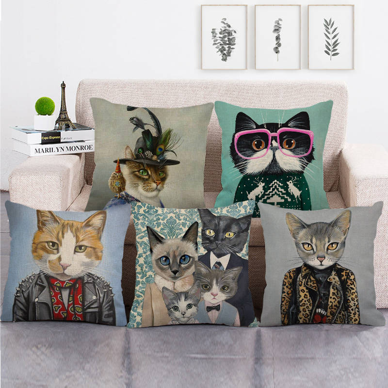 Cartoon Cat Pattern Series Super Soft Cotton and Linen Material Pillow Cover for Home Sofa Decoration Pillow Cover