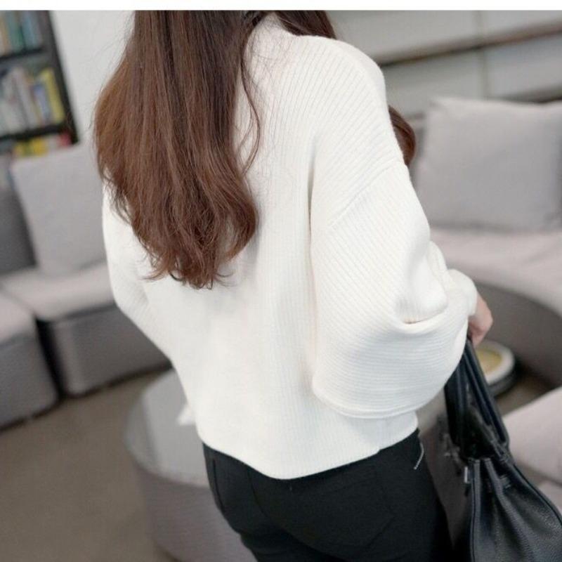 Осенний винтажный фонарь рукав свободный женский свитер зимний модный полувысокий воротник основа вязаный свитер женский однотонный элегантный пуловер джемпер 25408