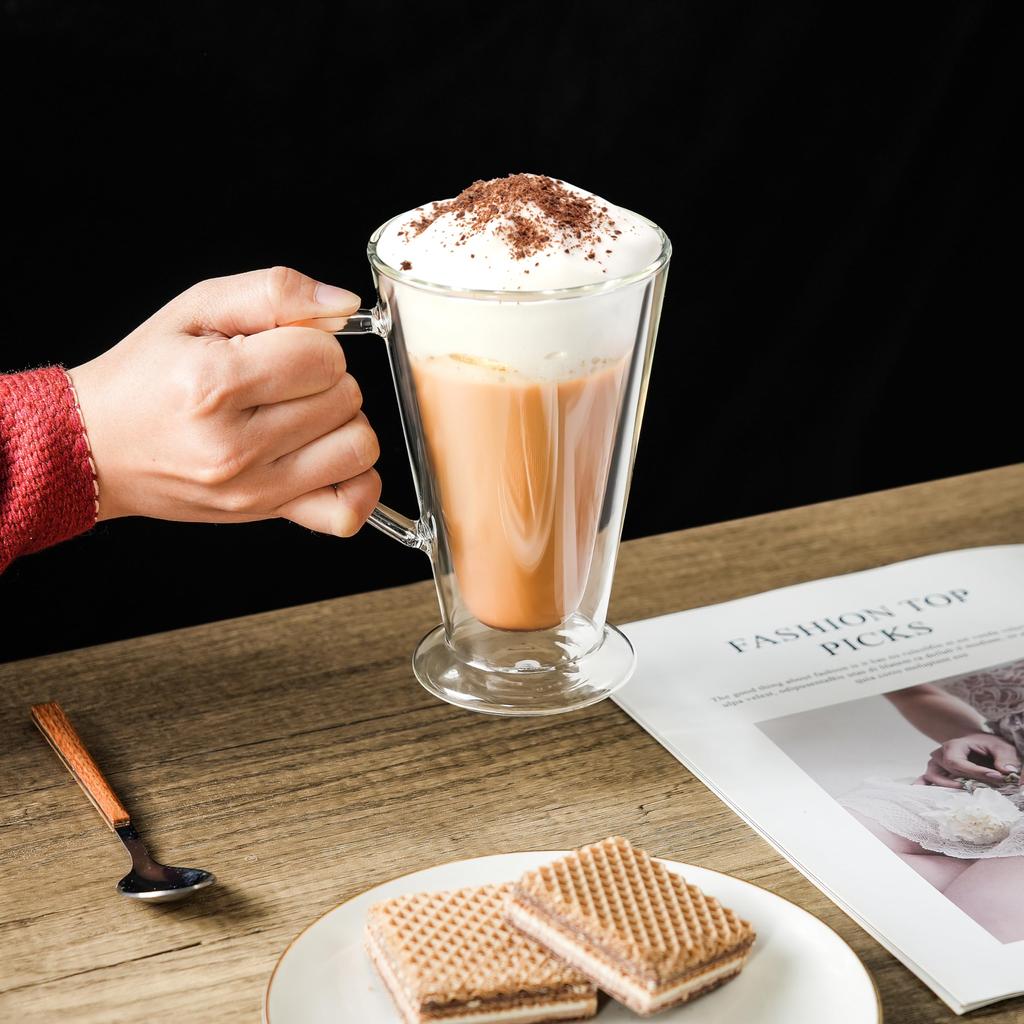 Стеклянные кружки для кофе с двойными стенками, 13 унций/400 мл, прозрачное стекло с ручкой, изолированные, для капучино, чая, латте