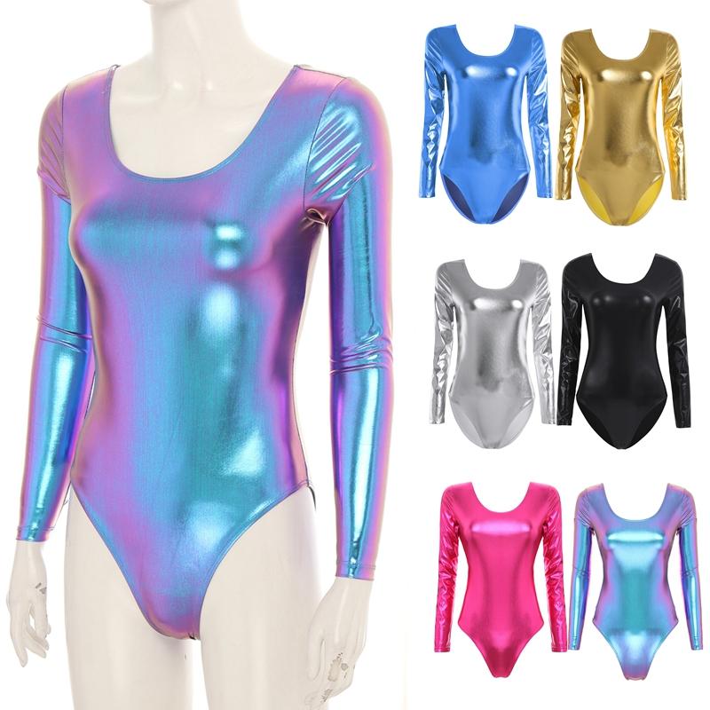 Женский цельный купальник из блестящей лакированной кожи с длинными рукавами для взрослых, облегающий боди, танцевальная одежда