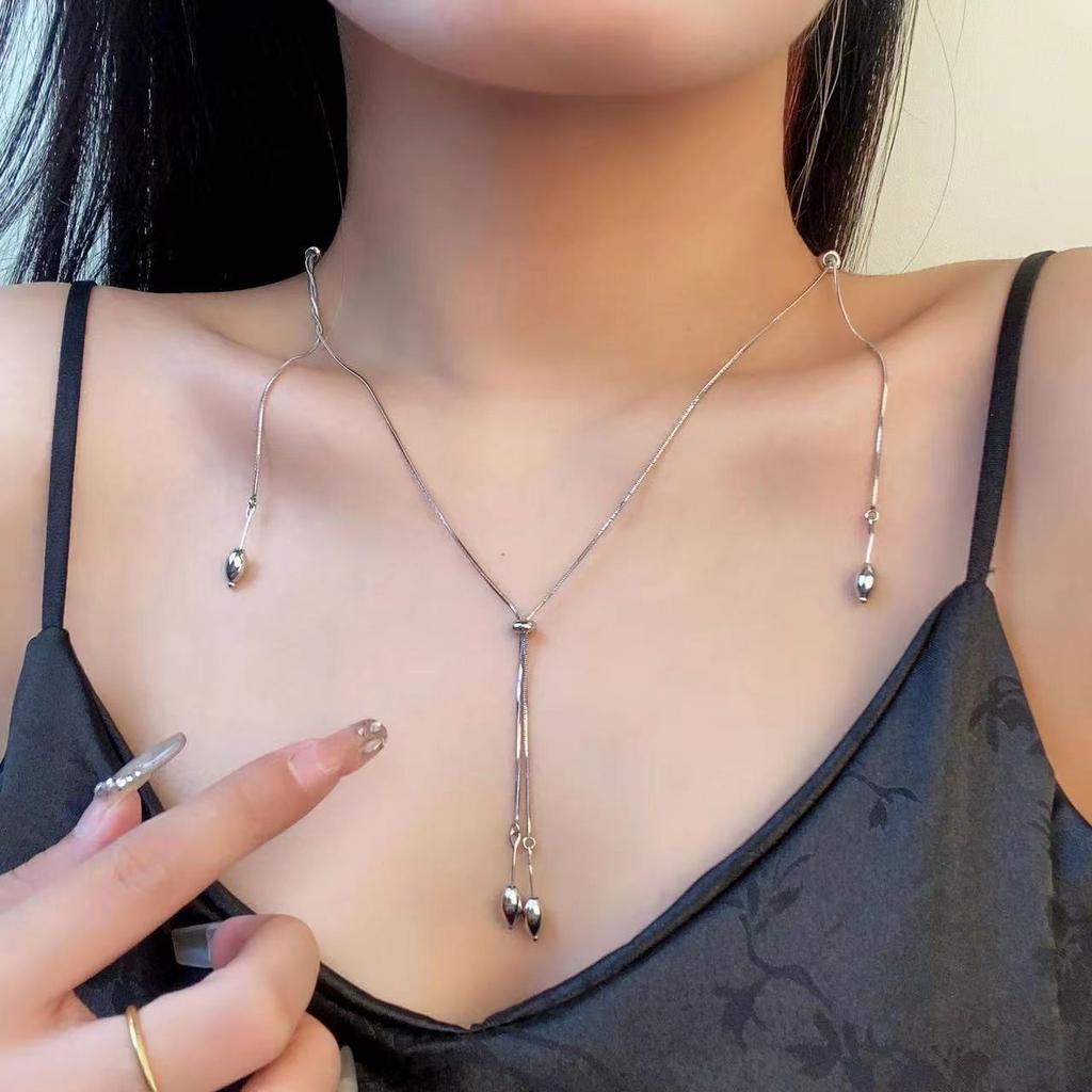 Premium Sense Can Pull Silver Butterfly Fringed Necklace Design Fashion Autumn And Winter Sweater Chain Collarbone Chain Jewelry