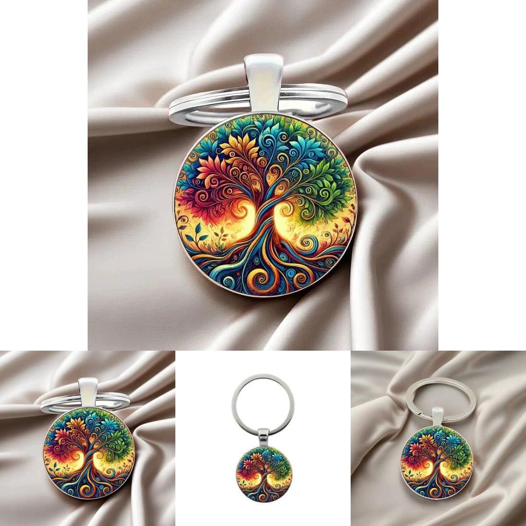 Life Tree Glass Pendant Keychain With Vibrant Line Design For Celebration And Souvenir Use