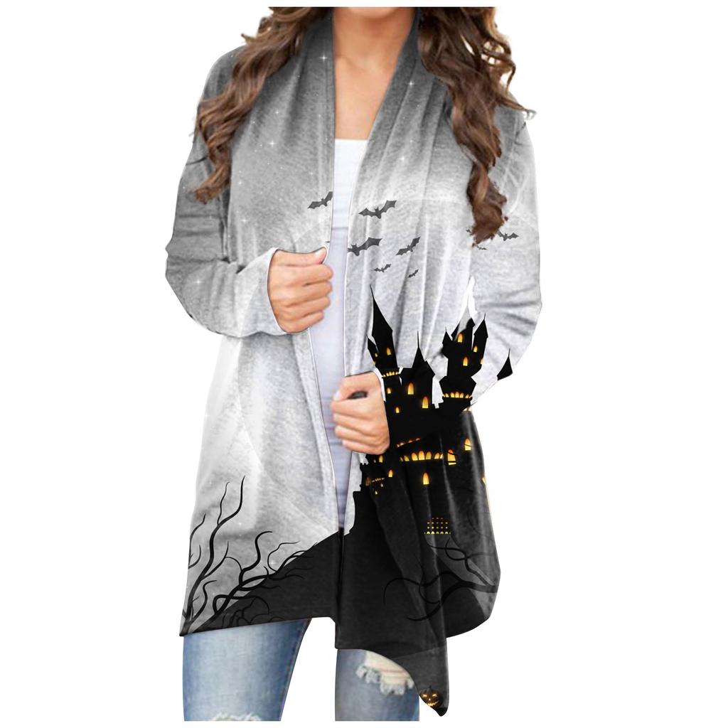 Женский кардиган, свободное повседневное верхнее пальто с карманами и длинными рукавами с принтом Хэллоуина