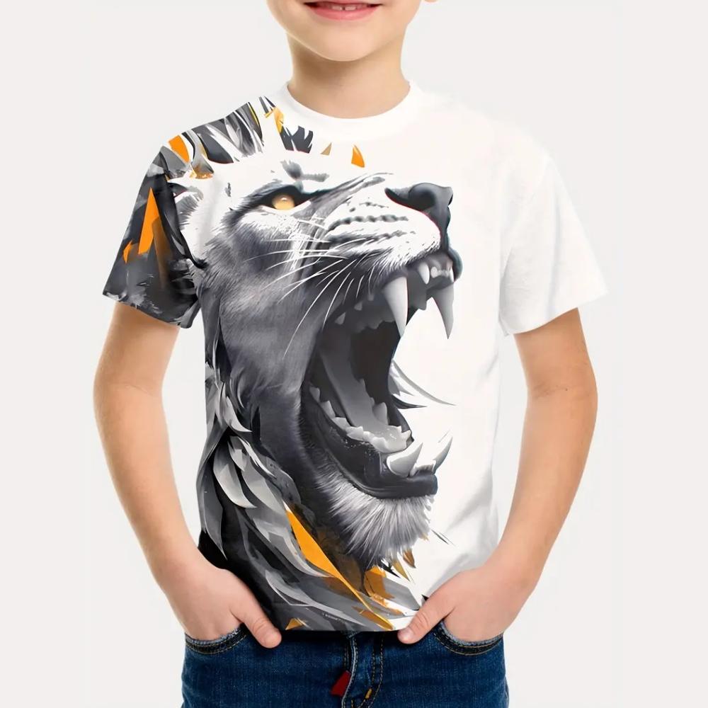 Boys Kids Clothes Print Fierce Lion Graphic T Shirts Summer Outdoor Crew Neck Short Sleeves Casual Outdoor Clothes for Children