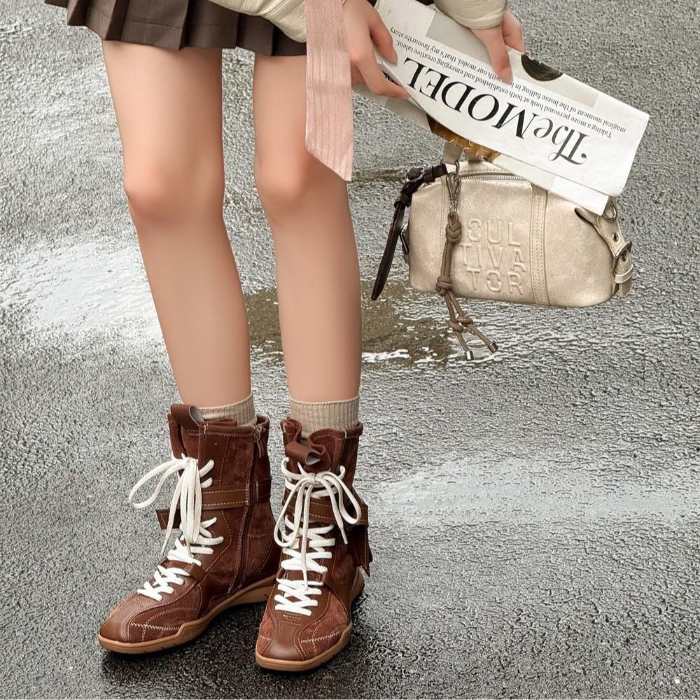 Ретро кожаные боксерские ботинки женские лето 2025 новые британский стиль ботинки мартин на толстой подошве немецкие тренировочные ботинки средней высоты