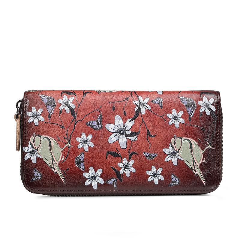 Johnature Retro Hand Painted Womens Wallets And Purses Genuine Leather Phone Purse Wallet Card Holder Hand Wallet