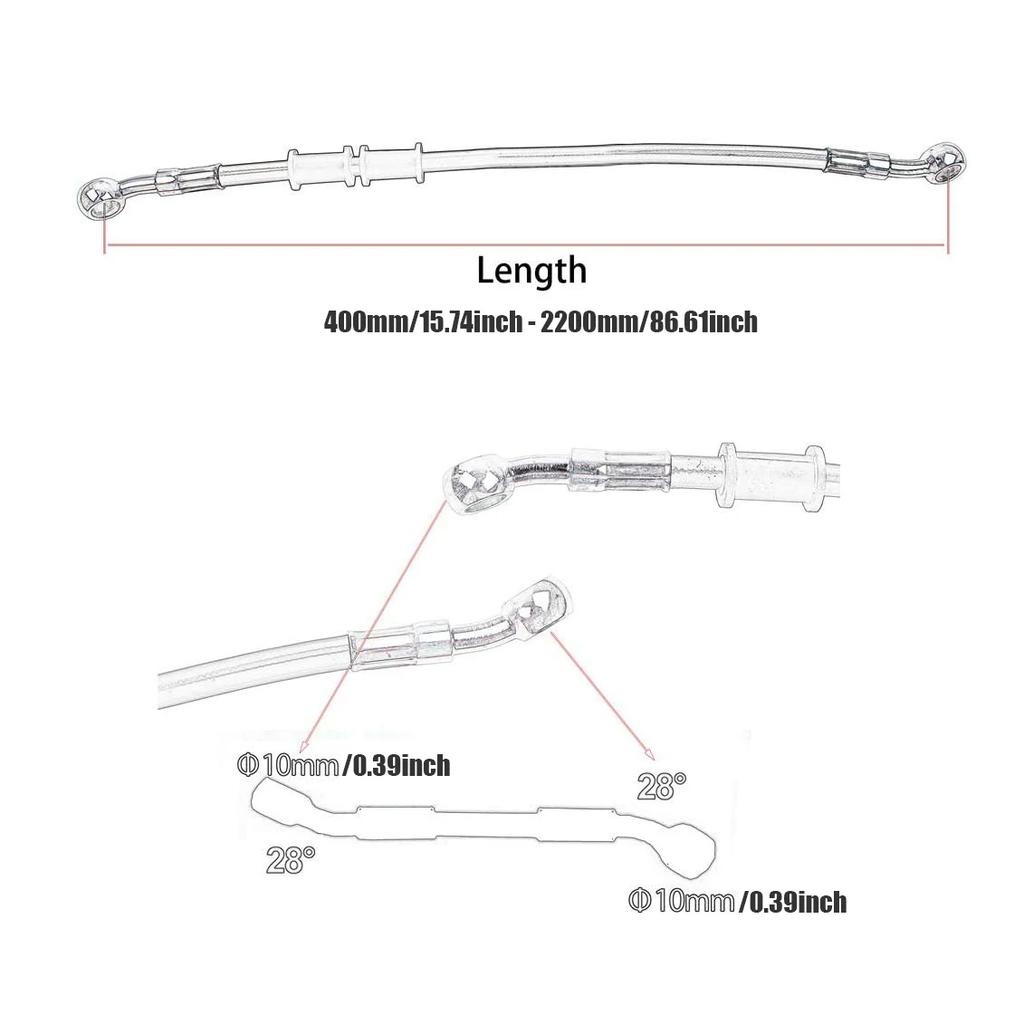 DOT Certified for Suzuki Kawasaki Yamaha Motorcycle Hydraulic Brake Hose 400-2400mm 10mm 28° Banjo Braided Oil Line Accessories