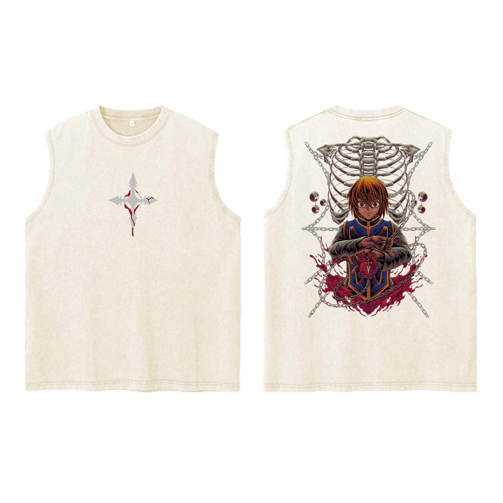 Аниме Hunter X Hunter Кислотный жилет Ретро Винтаж Печатный Стираный Графический Жилет Мужской Harajuku Y2k Хлопок Футболка Топы