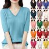 Женская мода свободный трикотажный свитер нижняя часть рубашки V-образный вырез пуловер короткий рукав однотонный топ