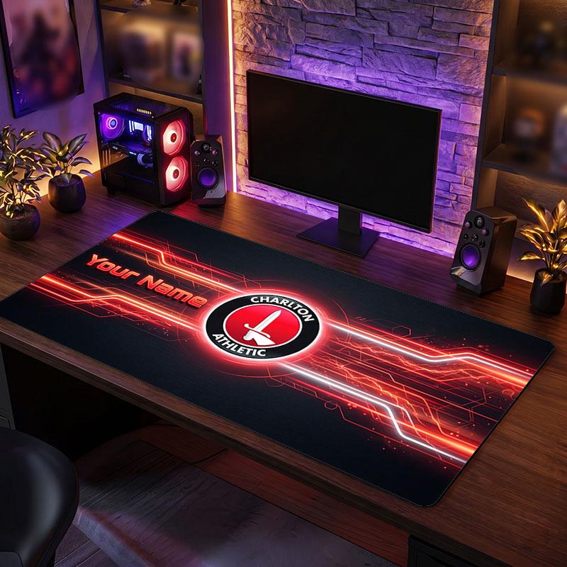 Charlton Athletic Custom Large Mouse Pad, Personalized Name Text Print, Football Logo Non‑Slip Desk Mat Gaming Gift