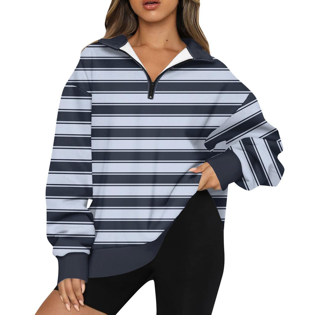 Women's Fashion Lapel Striped Printed  Long Sleeve Zip Sweatshirt Top