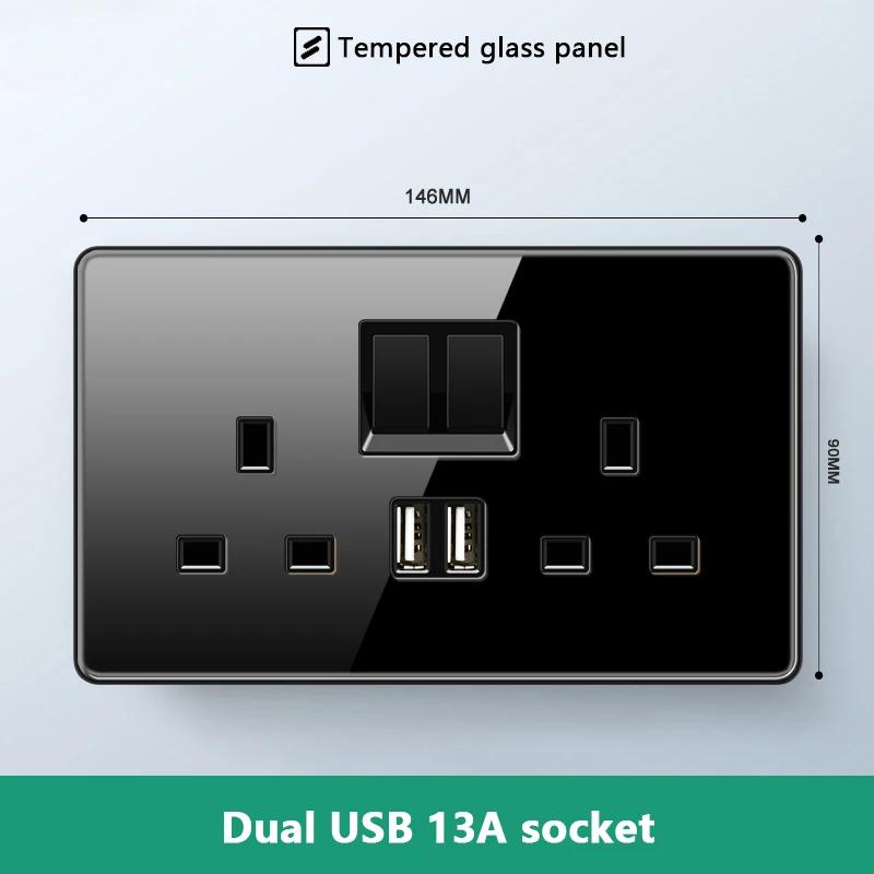 UK 13A Wall Socket with Type-C 18W Fast Charging Plug Socket,Glass Panel Power Double Universal Outlet with Quick USB C Charge