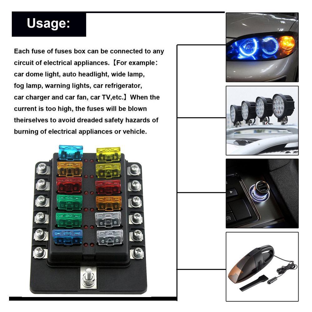 Блок предохранителей с 12 гнездами для ножевых предохранителей, держатели предохранителей, блоки предохранителей с красным светодиодным индикатором, 10 шт. предохранителей, 10 шт. клемм для автомобиля, лодки, морского транспорта, каравана