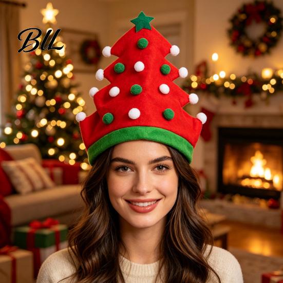 Colorful Fur Ball Hat Christmas Tree Shaped Hat, Pom Poms And Star Adults Costume Accessory Decor, Felt Decorative Headwear for Holiday Party