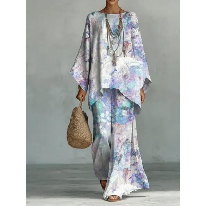 1116 New retro bohemian cashew flower set, crew neck flared sleeve top + two pieces of wide-leg pants.