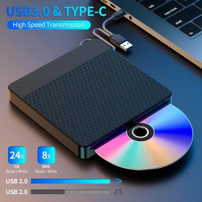 Внешний CD/DVD привод, USB 3.0 Type-C слот-в CD DVD пишущий плеер CD ROM пишущий привод читатель оптический привод для ноутбука настольного ПК