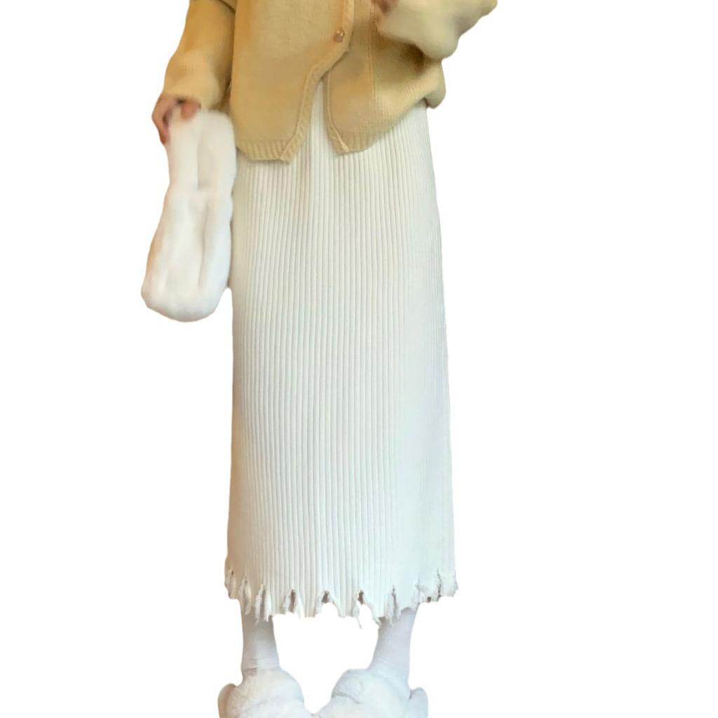 Thickened High Waisted Knitted Skirt for Women In Winter Slim and Medium Long Straight Leg Skirt