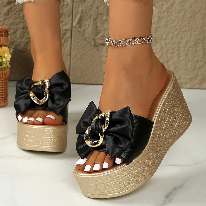 Fashion White Satin Bowknot Chunky Platyform Sandals for Women Fashion Chain Decor Wedge Heel Sandals Woman Thick Bottom Summer Slippers