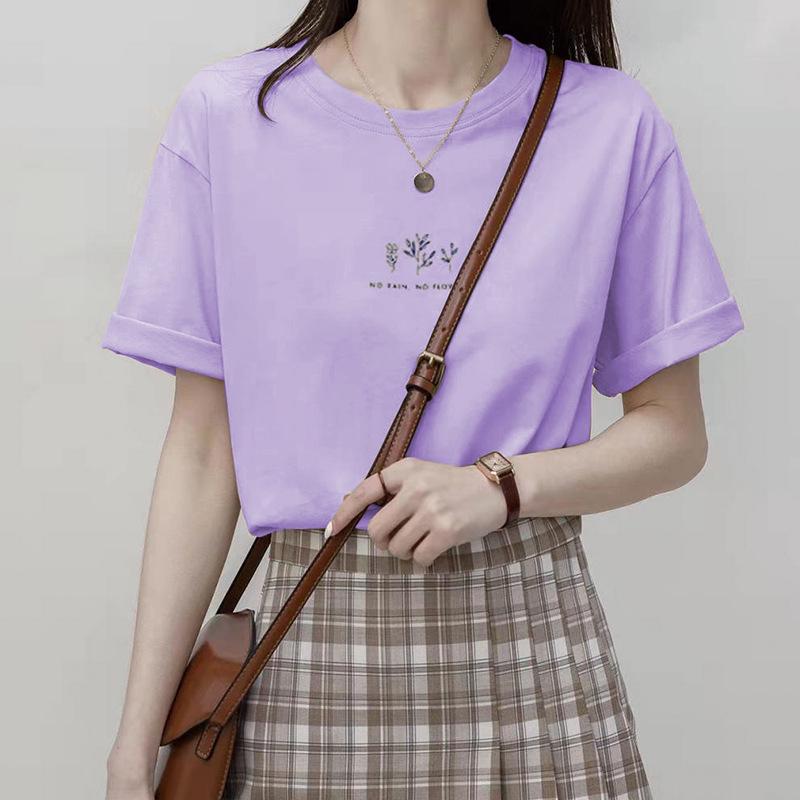 Женская корейская футболка с круглым вырезом и коротким рукавом, свободный растительный принт, повседневный однотонный цвет, летний топ 