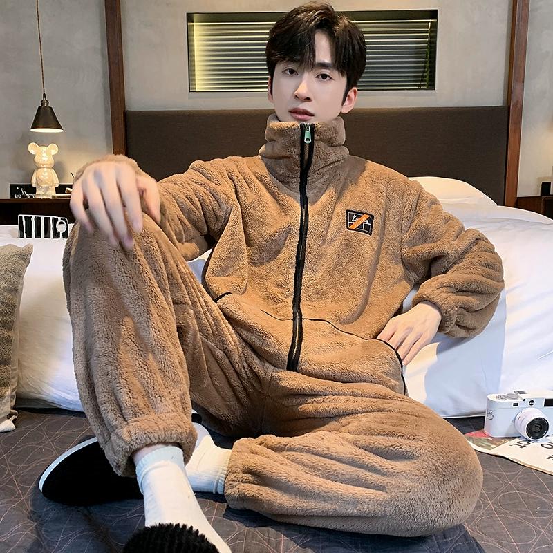 Зимняя мужская фланелевая утепленная теплая пижамная одежда с застежкой-молнией, брюки с длинным рукавом, домашняя одежда для молодых мальчиков, пижамы
