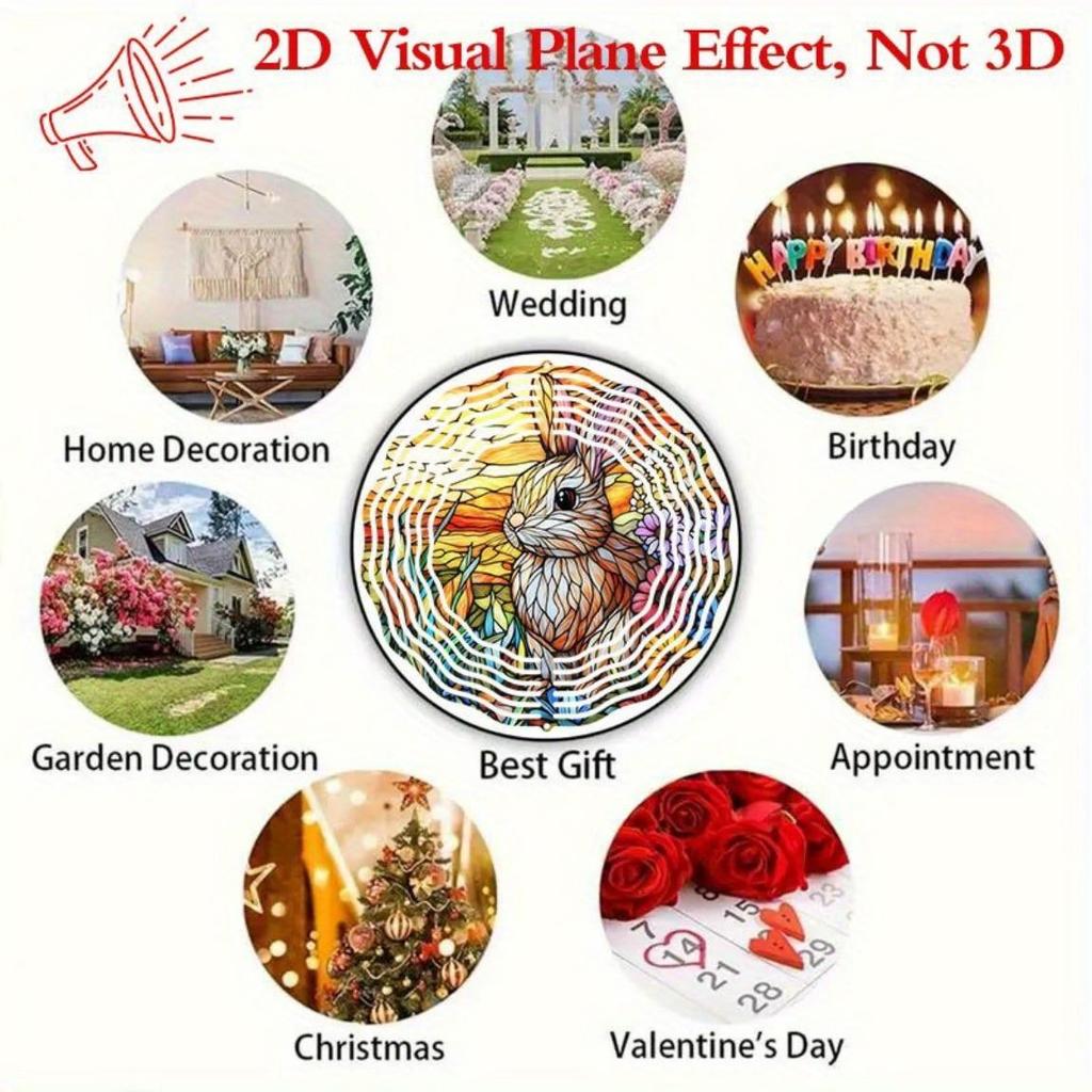 Stained Glass Rabbit Floral Wind Chime 10 Inch Double Sided Rotating Garden Decor for Outdoor Indoor Patio Porch Yard Wall Art