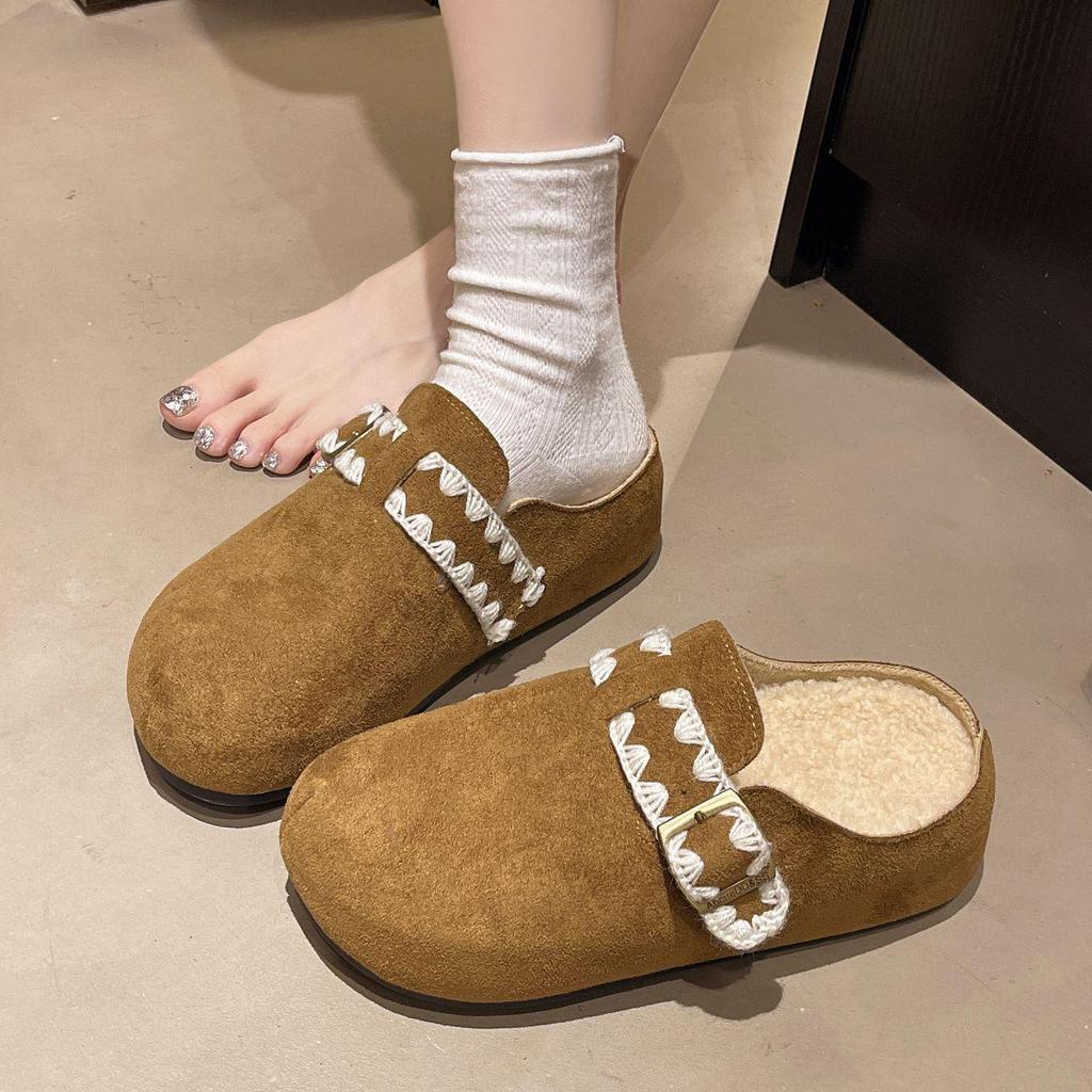 Женские ретро-тапочки Birkenstock с толстой подошвой, флисовой подкладкой и меховым круглым носком для осени/зимы.
