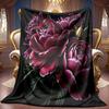 1pc 2D Black Background Wine Red Rose Theme Pattern Flannel Blanket, Soft HD Digital Print Cooling Blanket All Year Round! Soft And Breathable 100% Po