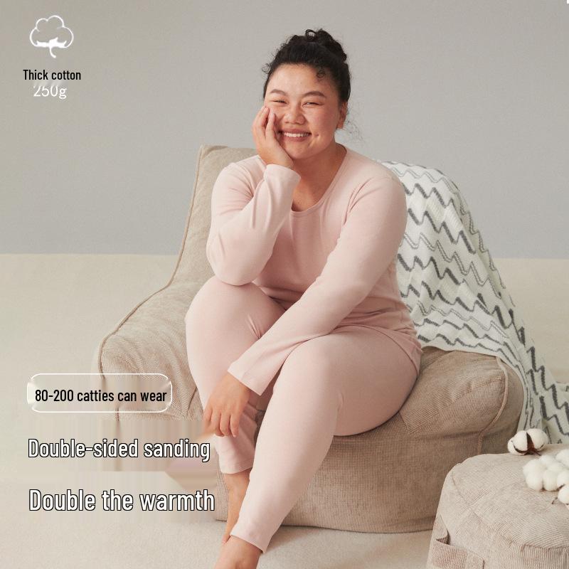 Женский комплект термобелья большого размера из двухсторонней фланели - Чистый хлопок, Толстый базовый слой с круглым вырезом для осени и зимы