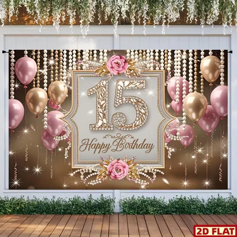 2D Sweet 15 Photo Backdrop with Diamond Number 15, Pink Gold Balloons and Flowers