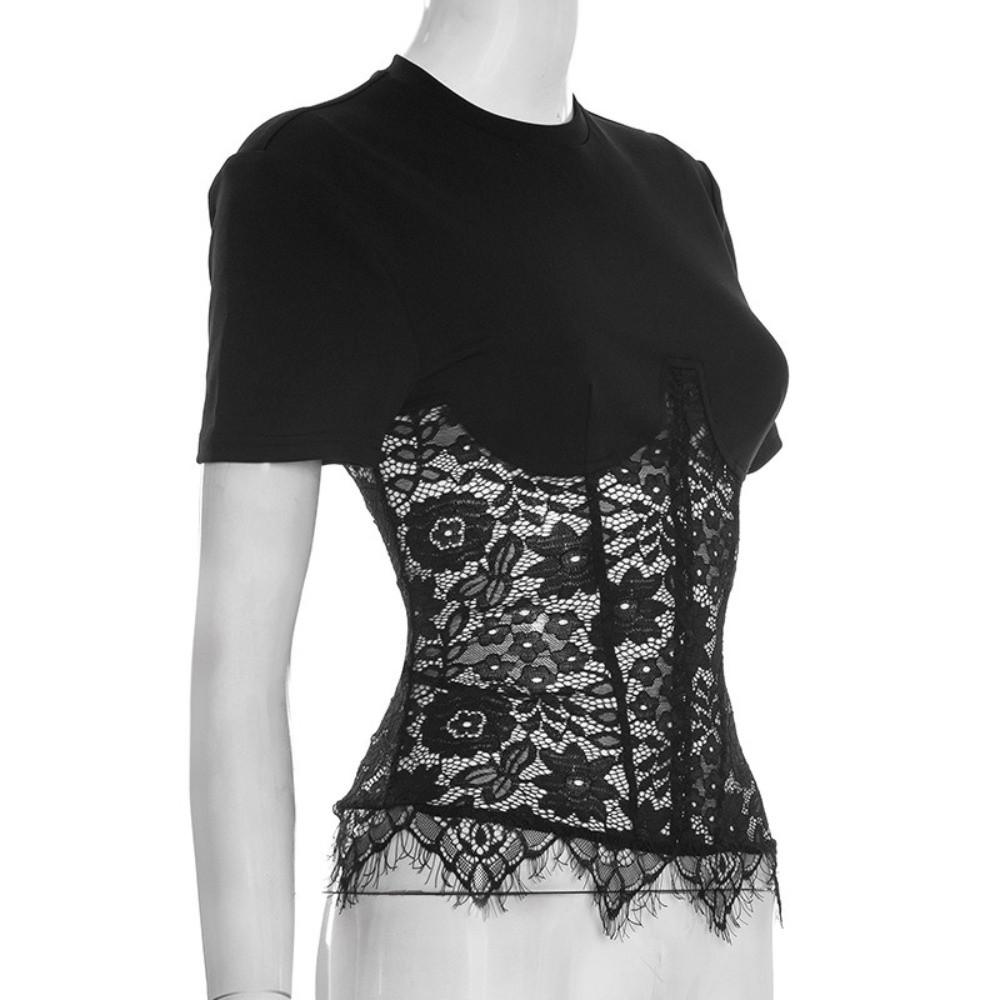 Lace Design See Through Top See Through Fabric O-neck Top Sexy Bandage Top Party Evening