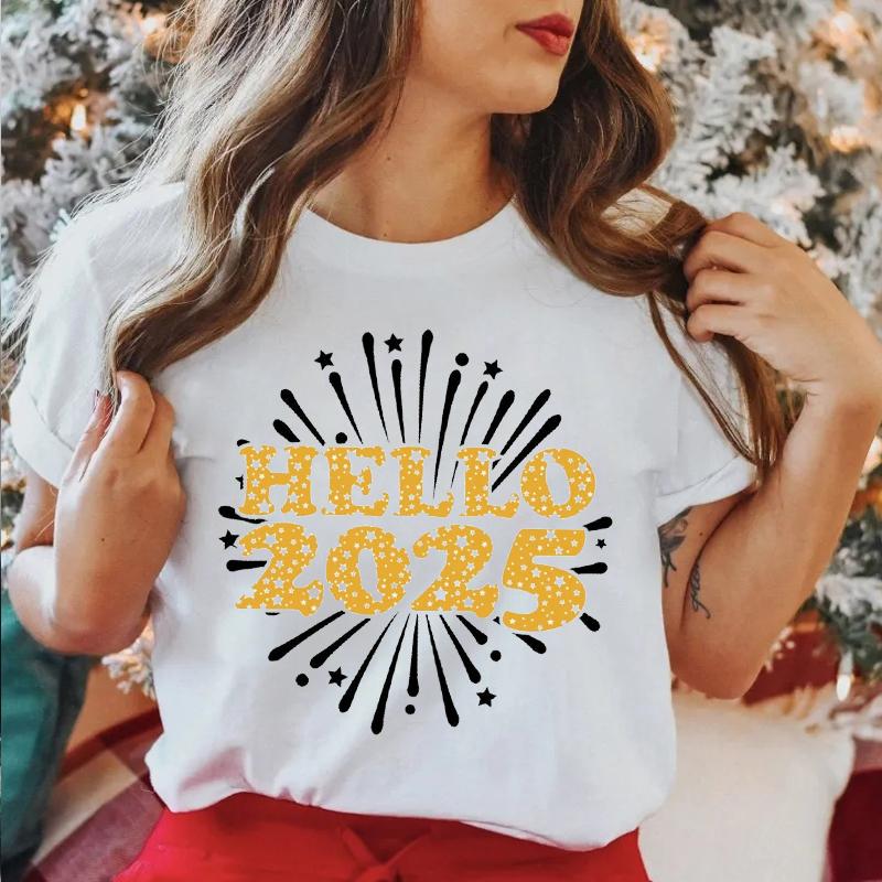 Футболки женские с принтом Hello 2025, модные, повседневные, с коротким рукавом и круглым вырезом, забавные, новогодние, женские топы, праздничные подарки на вечеринку, футболка