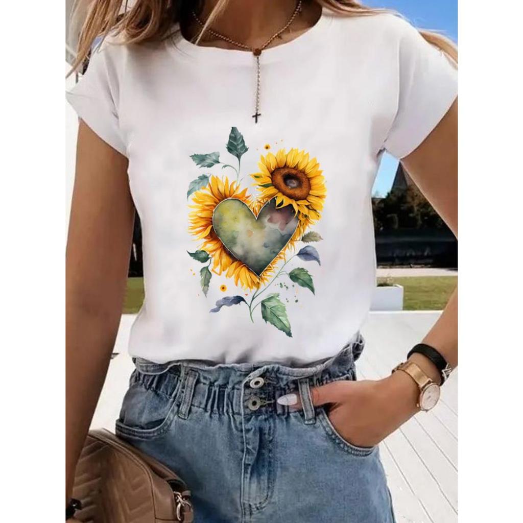 Floral Sweet and Cute Fashion Printing Women's O-neck Clothes T-shirt Short-sleeved Casual Daily Top