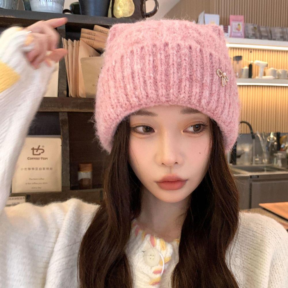 Japanese Style Woolen Knitted Hat Solid Color Women Beanie Hat Cat Ears Pullover Hat Girls