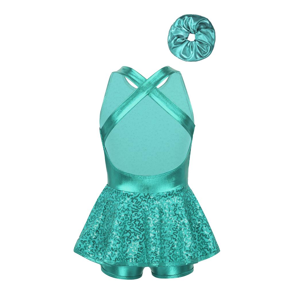 Детский костюм для выступлений, гимнастический купальник с пайетками, крестообразная спинка, без рукавов, платье с бантом, костюм для джазового танца с повязкой для волос