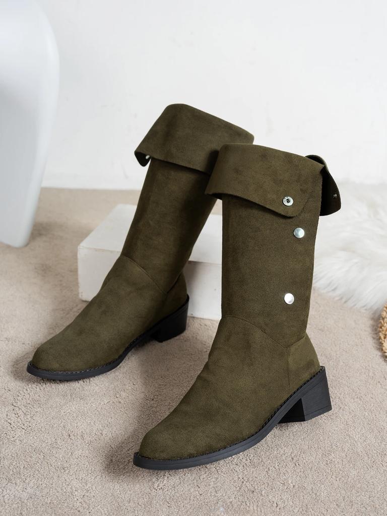 Винтажные ковбойские сапоги с острым носком на пуговицах, женские осенние сапоги с квадратным носком и толстым каблуком, высокие сапоги из замши и ткани, длинные