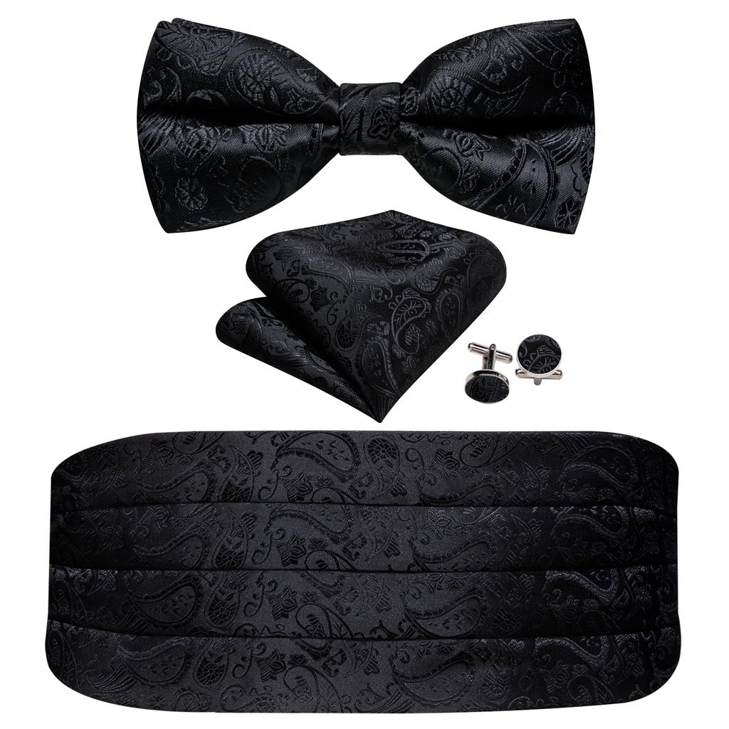 Barry.Wang Mens Cummerbund Belt and Bowtie Set Silk Pre Bow Tie Hanky Cufflink Set