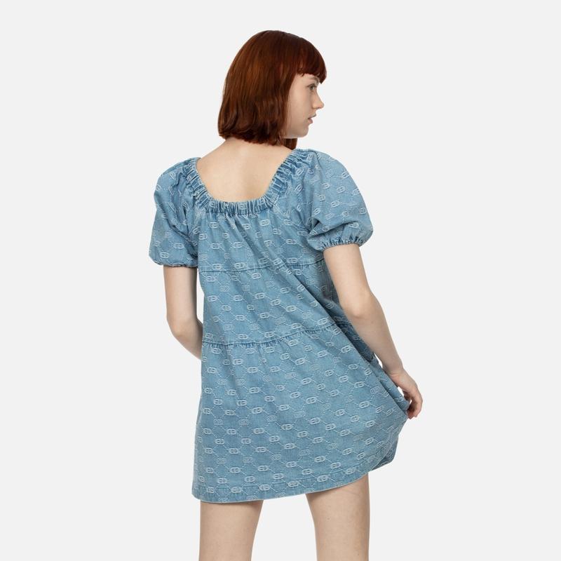 Evisu SS24 Seagull Embroidery And Allover Logo Jacquard Fashion Denim Short Sleeve Dress Women dress Denim-Blue 2ESHTW4DR4070FFDP