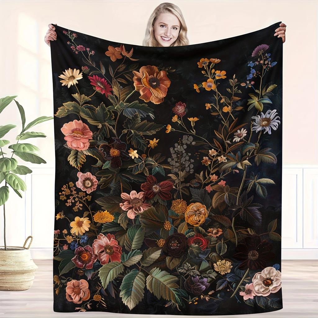 Vintage Floral Flannel Throw Blanket, Soft Warm Cozy Versatile for Couch Bed Office Travel Perfect Gift